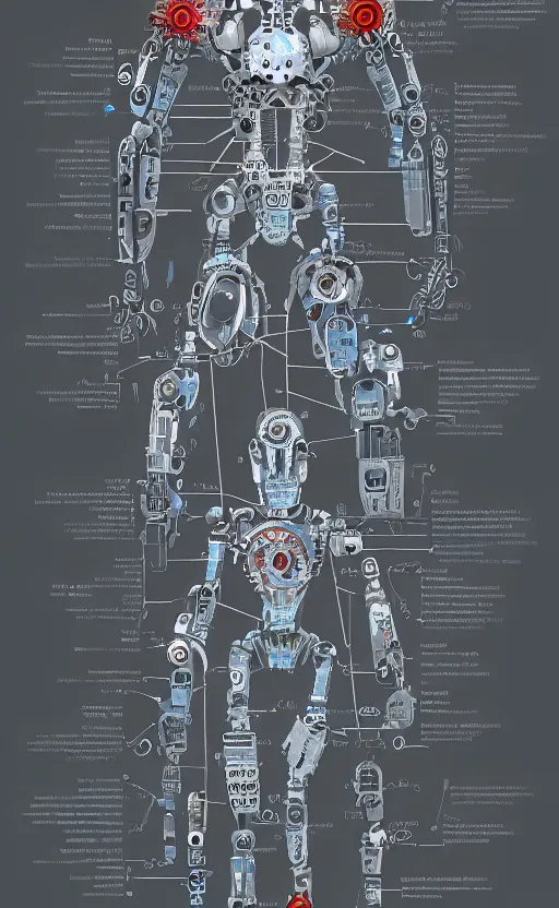 Prompt: anatomy of the terminator, robot, cyborg, t 1 0 0, arc reactor, bloodborne diagrams, mystical, intricate ornamental tower floral flourishes, rule of thirds, technology meets fantasy, map, infographic, concept art, art station, style of wes anderson