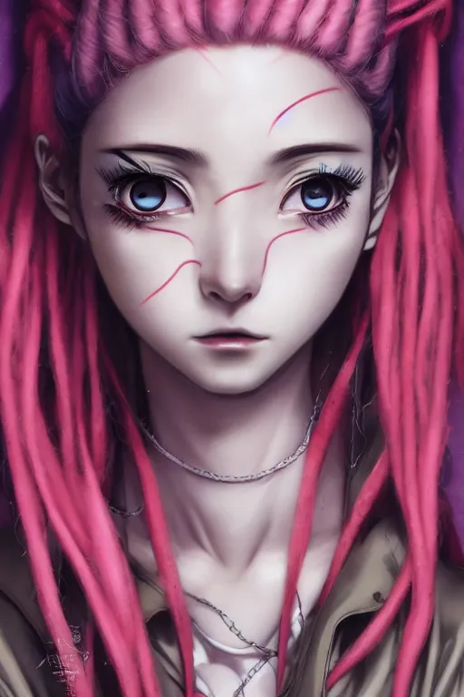 Image similar to portrait of an anime manga girl with pink snake dreads, straight on portrait, by artgerm, james jean, tom bagshaw, gerald brom, vaporwave colors, lofi colors, vaporwave, lofi, goth vibe, 4 k, smooth, hd, substance designer render, full body character concept art, symmetrical,