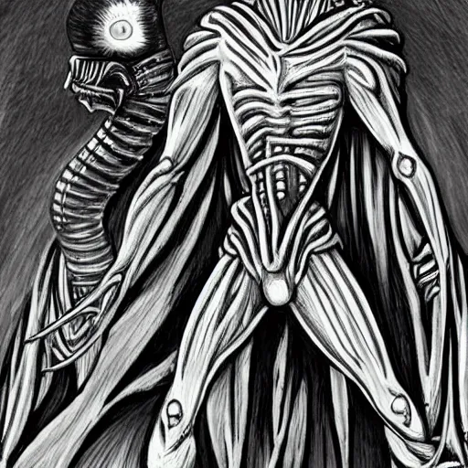 Image similar to an alien in the style of hr giger fighting an anthropomorphic cat wearing a cape.