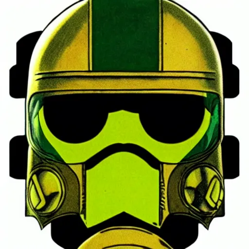 Prompt: portrait of a mutant chronicles bauhaus doomtrooper, wearing green battle armor, a yellow smiley sticker centered on helmet, by jean giraud