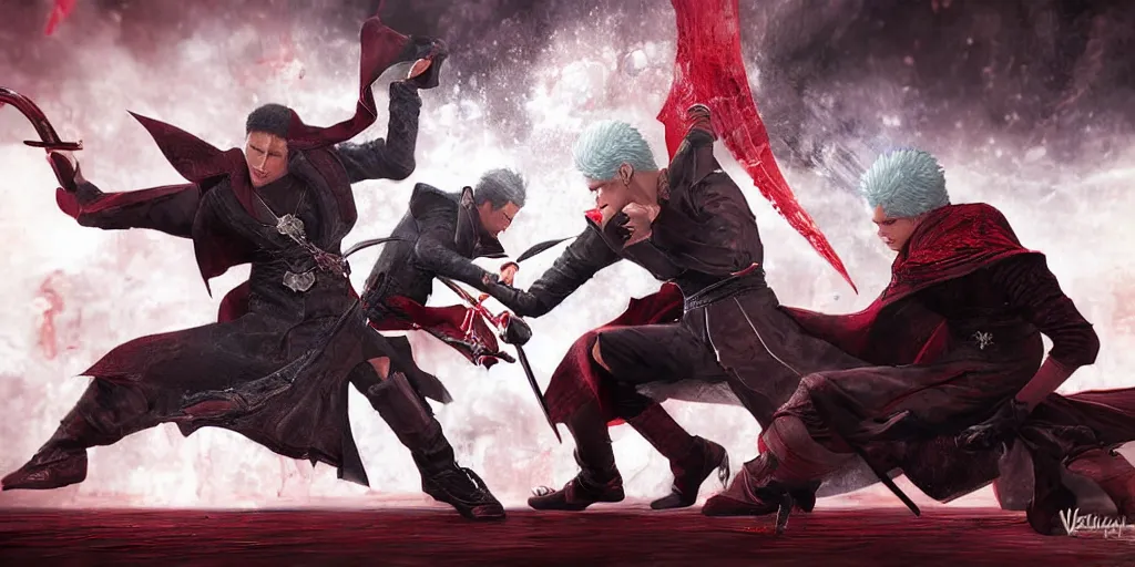 Prompt: vergil fighting dante, digital art highly detailed by chengwei pan