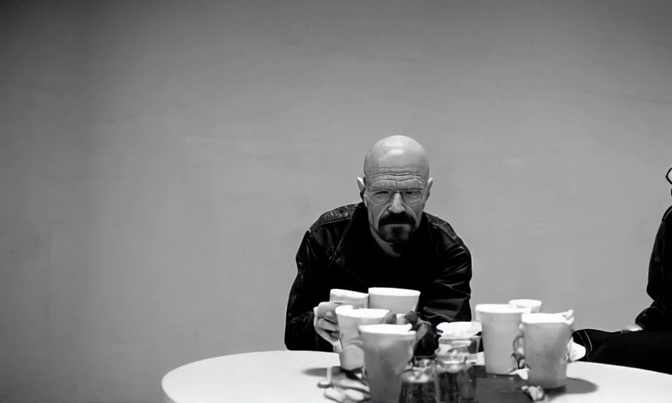 Image similar to 3 5 mm film still, walter white having a coffee break in space