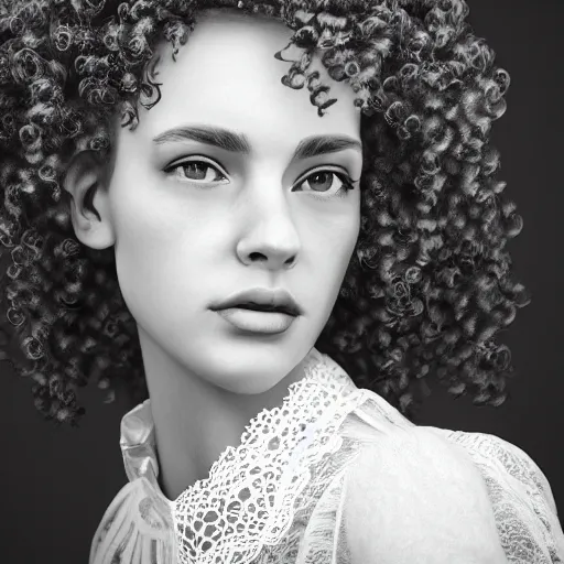 Image similar to A beautiful woman with curly hair in a white lacy handcrafted collar, close-up, portrait, extremely detailed, photography style, trending on ArtStation