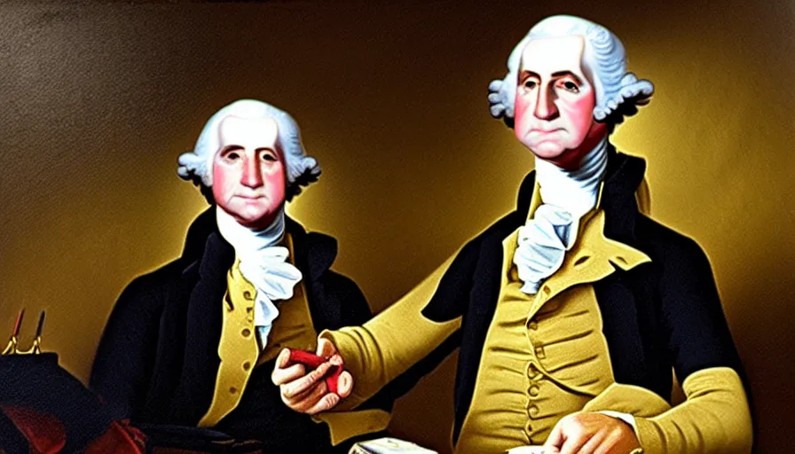 Image similar to george washington holding playstation controller! in the style of an oil painting, historical, highly detailed