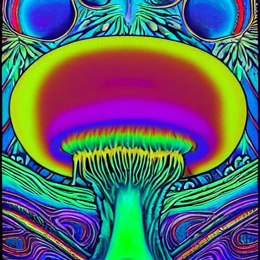 Image similar to Terence McKenna reincarnated as a magic mushroom. in style of Alex Grey, highly detailed, blacklight poster