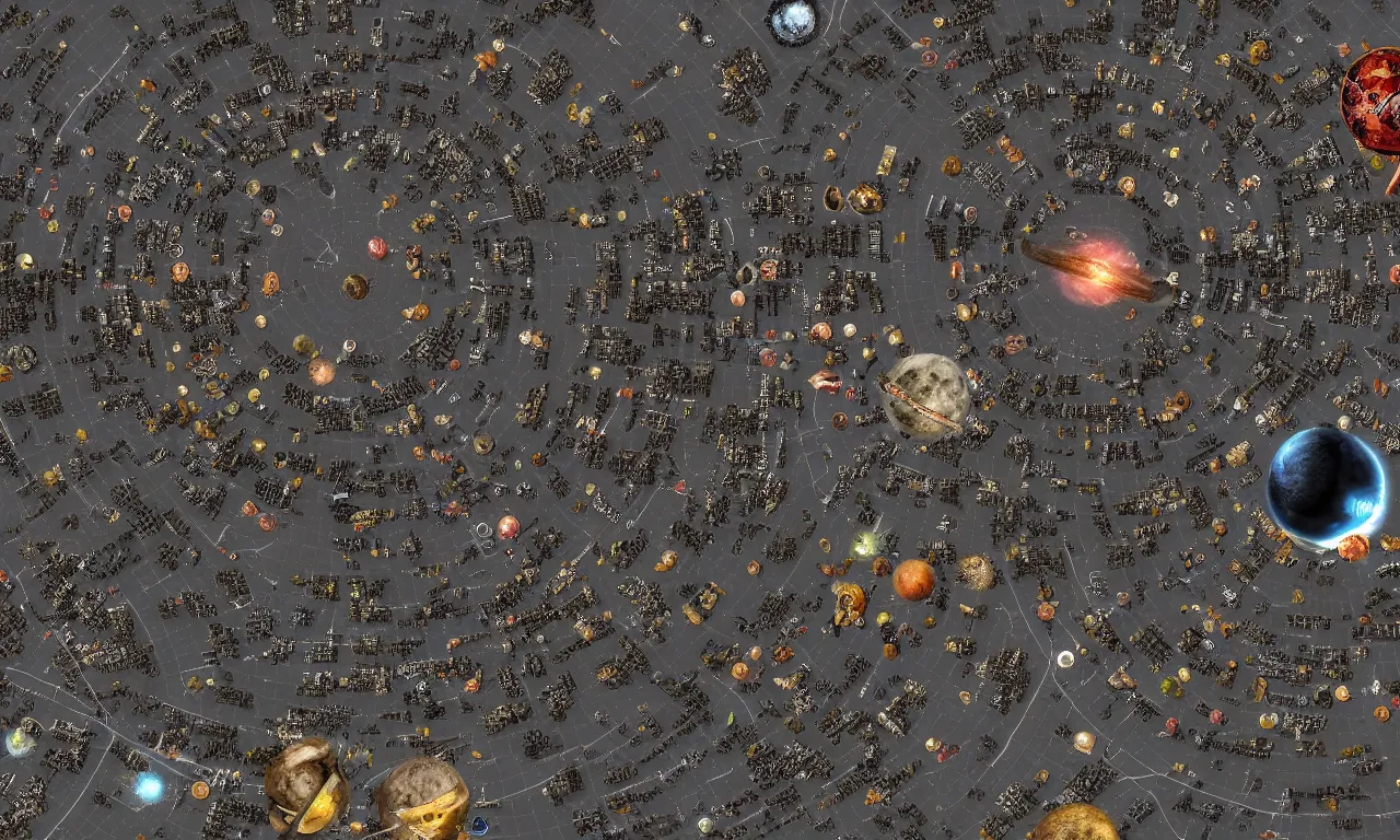 Prompt: a space junkyard forming a tilted disk with single vortex in the center, a graveyard of space stations and giant space structures in black starless space, dark sci - fi game map with solid background