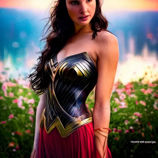 Prompt: photo of the beauty gal gadot, she is posing while maintain a sweet eye contact to the camera, she has a crown of flowers, the photo was taken at sunset with a bokeh effect, photo by edward steichen, photorealistic, matte painting, hyper realistic, 4 k, 8 k, cinematic composition, hd, highly detailed, trending on artstation