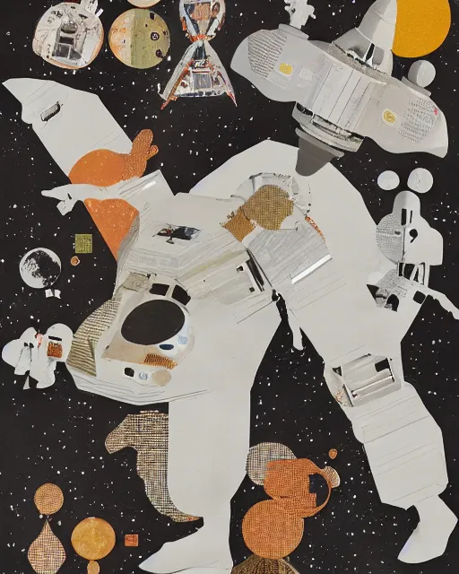 Image similar to A collage, made of random shapes cut from fashion magazines, of Space Travel, landing on the moon, mid-century modern.