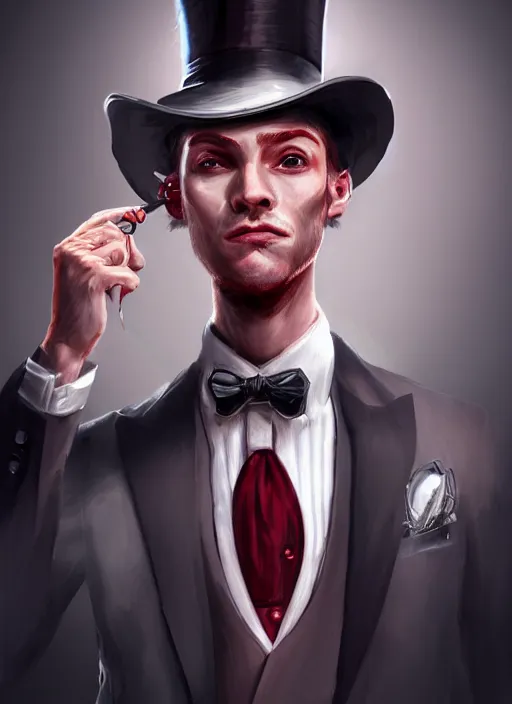 Prompt: a highly detailed illustration of stylish top hat wearing red haired ponytail man, with slight stubble, wearing suit vest, flashy smoking cigarette pose, intricate, elegant, highly detailed, centered, digital painting, artstation, concept art, smooth, sharp focus, league of legends concept art, WLOP