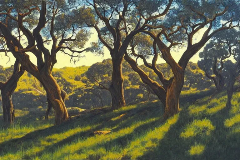 Image similar to masterpiece painting of oak trees on a hillside overlooking a creek, dramatic lighting, by albert namatjira