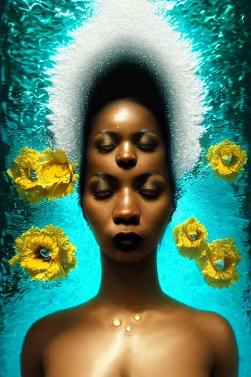 Image similar to hyperrealistic neo - surreal cinematic very beautiful! black oshun goddess with white! iris, in water, yoruba body paint, mirror dripping droplet!, gold flowers, highly detailed face, digital art masterpiece, smooth robert steven connett eric zener dramatic teal light, ground angle uhd 8 k, sharp focus