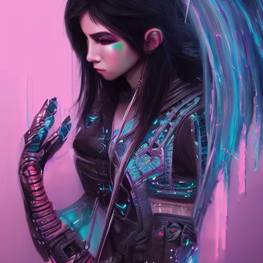 Prompt: teen elf, cyberpunk, knife, black hair, gorgeous, amazing, elegant, intricate, highly detailed, digital painting, artstation, concept art, sharp focus, illustration, art by ross tran