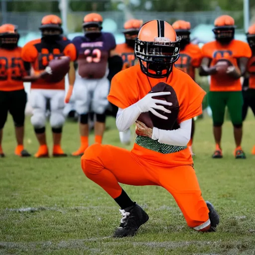 Prompt: a wideshot photo of an ibis playing american football, wearing orange and green colored jersey, with a gold chain on it's neck