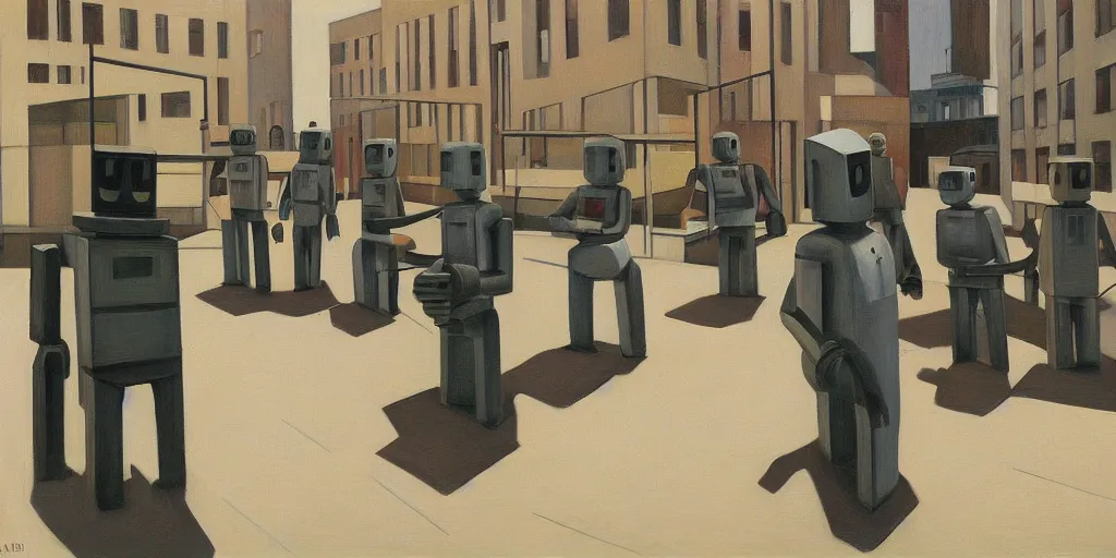 Prompt: robots queuing up in a stark brutalist town, street elevation, grant wood, pj crook, edward hopper, oil on canvas