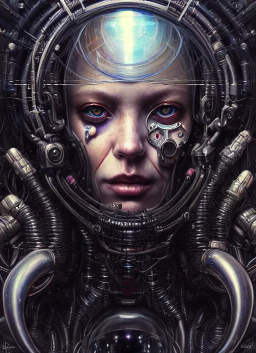 Image similar to portrait of a cyborg, hyper detailed masterpiece, dystopian background, jean giraud, digital art painting, darkwave goth aesthetic, lovecraftian, artgerm, donato giancola and tom bagshaw