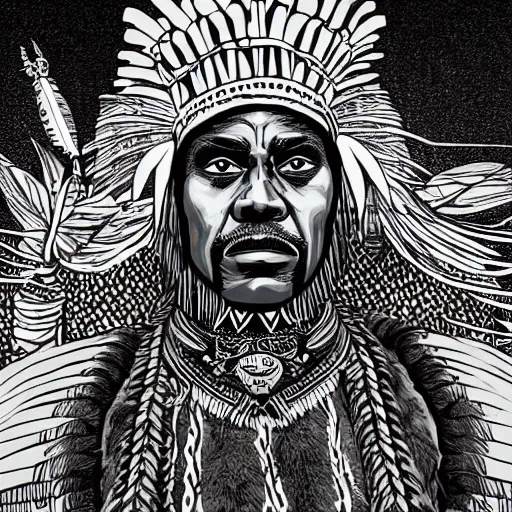 Image similar to james earl jones from zamunda as mayan shaman in apocalypto manga style 4 k illustration