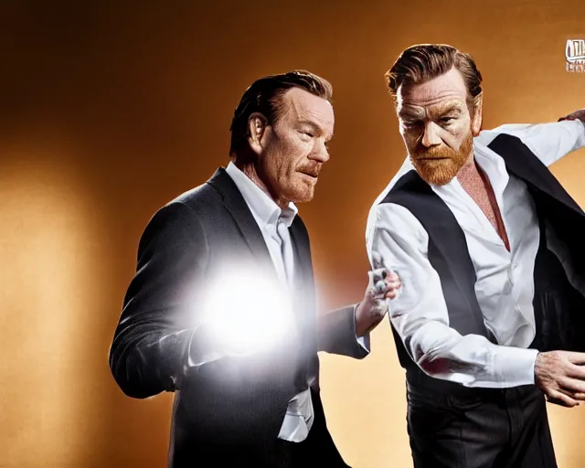 Image similar to Bryan Cranston fighting Ewan McGregor, HD photoshoot, professional lighting