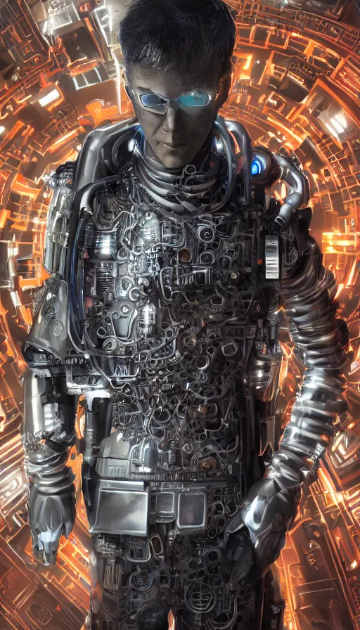 Prompt: full body head to toe portrait of a cyberpunk sci-fi cyborg netrunner bionic man, third person, D&D, sci-fi fantasy, matrix , intricate, black with shiny silver and orange fringe highlights, highly detailed, art by Range Murata, highly detailed, 3d, octane render, bright colors, digital painting, trending on artstation, sharp focus, illustration style of Stanley Artgerm, dramatic background