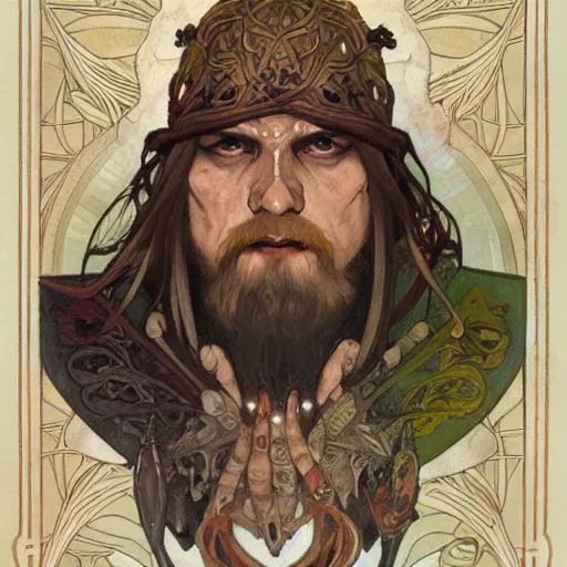 Prompt: portrait of tattooed Slavic Viking priest by Anato Finnstark, Alphonse Mucha, and Greg Rutkowski