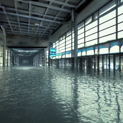 Prompt: abandoned mall flooded with water, liminal spaces, hyper realistic, extremely detailed, concept art, trending on artstatoon, atmospheric, 8k, octane render, unreal engine - n 5