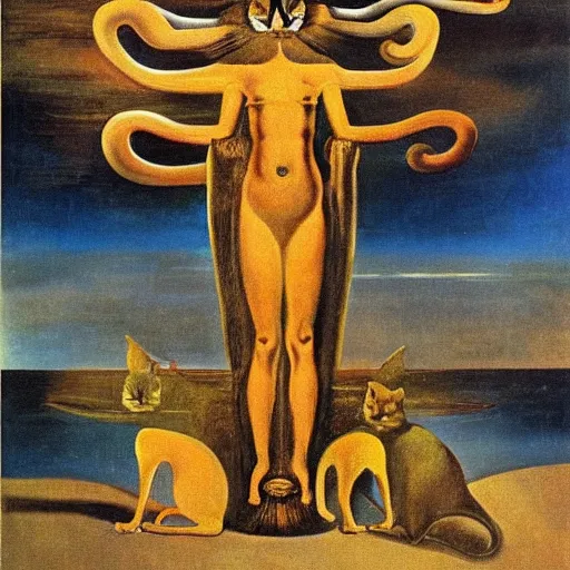 Prompt: dali oil painting of bastet with multiple arms, over a sea of sulphur