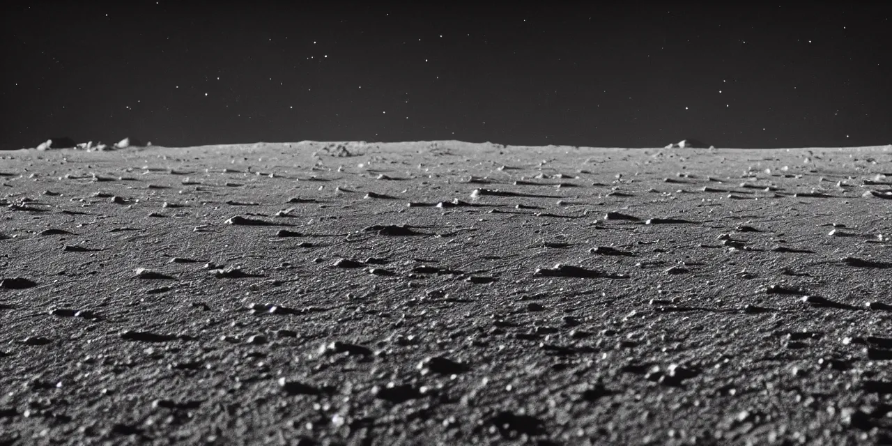 Image similar to closeup black and white photo from the surface of the moon, cinematic film still, glowing landing lights on spaceship landing on, stars and space in the background, fog and dust