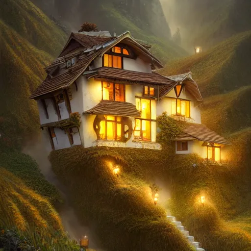 Image similar to small hillside house made of honey and milk, modern lighting, hyper - realistic, hyper - detailed, 8 k, octane rendered, art nouveau, organic, flowing, impossible torsion, writhing, dusk, lush, dynamic, in the style of ross tran and jean baptiste monge