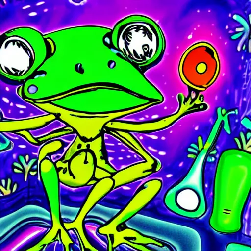 Image similar to frog rave, large bullfrog DJ, lots of frogs dancing on drugs, psychedelic, bright lights, loud music, intense club, cartoon