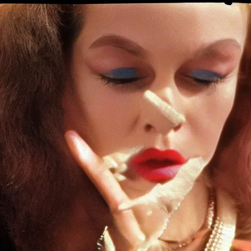 Image similar to glamorous woman with a nostril face, long snout, 1974 arthouse film, archival footage, technicolor film