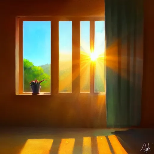 Image similar to happy morning and the rays of the morning sun shining through the window of the village house clear sky, warm colors, silent mood, oil painting, high detail, trending on artstation