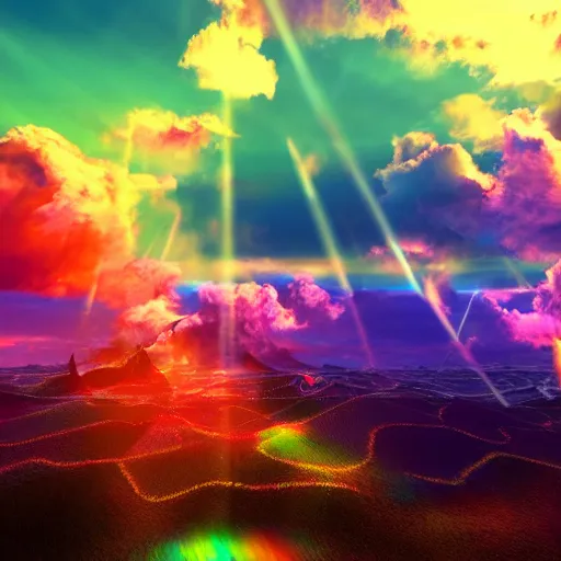 Prompt: psychedelic multicolor clouds, god rays, volumetric lighting, dynamic intricate ornate