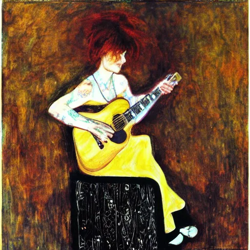 Prompt: Anne Erin Clark playing guitar by Kent Williams and Gustav Klimt