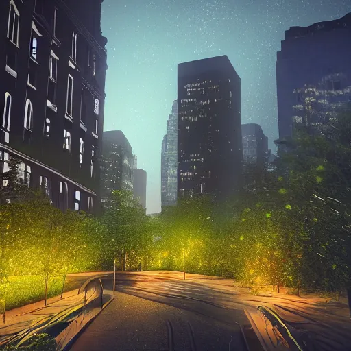 Image similar to city overgrown, night time, photo realistic, glow