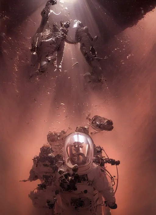 Image similar to astronauts in dark and empty void underwater - complex and hyperdetailed technical suit. reflection and dispersion materials. rays and dispersion of light. volumetric light. 5 0 mm, f / 3 2. noise film photo. flash photography. ultra realistic, wide angle. poster by wayne barlowe, hajime sorayama aaron horkey, craig mullins
