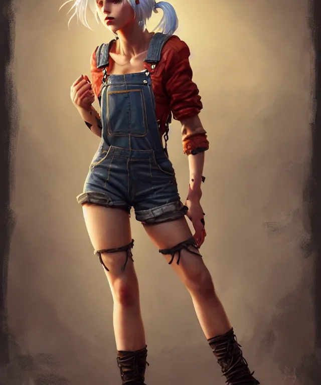 Image similar to full body pose, grungy ciri, torn overalls, short shorts, combat boots, fishnets, beautiful, highly detailed face, true anatomy!, extremely detailed!, digital painting, unreal engine 5, art by tom bagshaw