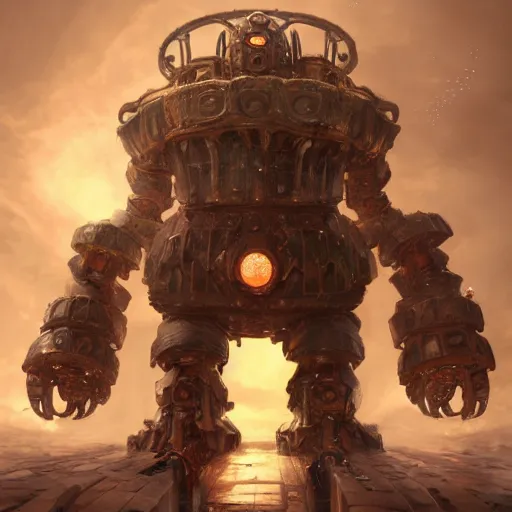 Prompt: a Steam powered mechanical golem, forward facing angle, concept art, character design, stunning 3d render , art by Tooth Wu and justin gerard and Blizzard studios, 8k octane beautifully detailed render, post-processing, extremely hyperdetailed, intricate complexity, epic composition, grim yet sparkling atmosphere, masterpiece, trending on artstation