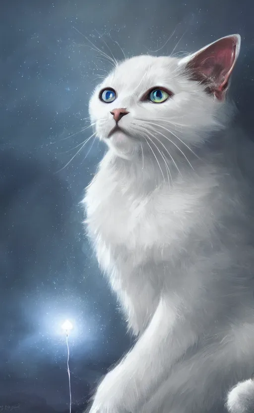 Prompt: a white cat with cosmos in its eyes, dynamic lighting, photorealistic fantasy concept art, trending on art station, stunning visuals, creative, cinematic, ultra detailed