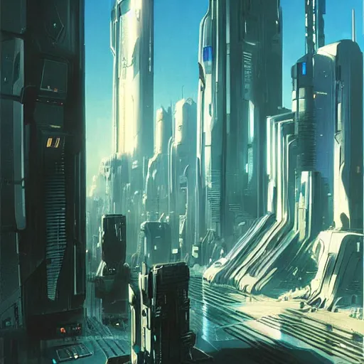 Image similar to distant view of a futuristic cyberpunk city, daylight, blue sky, cinematic lighting, blue sky, syd mead, john harris