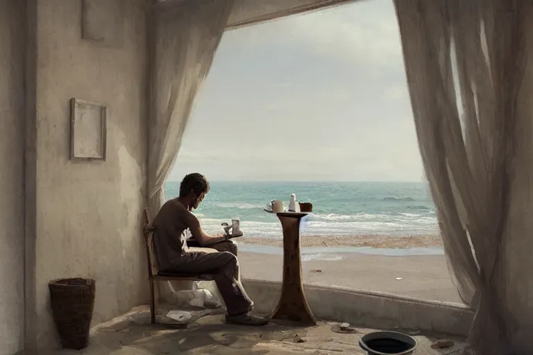 Image similar to painting of a man sitting down and having a cup of tea in his house by the beach, muted colors, cby greg rutkowski, muted colors