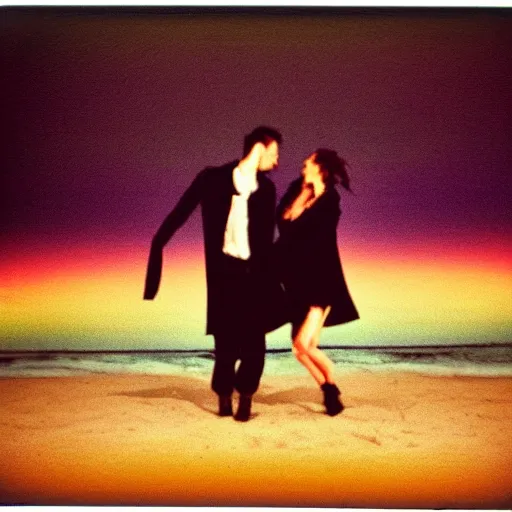 Image similar to 9 0 s polaroid photograph of a man and woman both wearing trenchcoats at night, dancing together on a beach during cloudy weather, vignette
