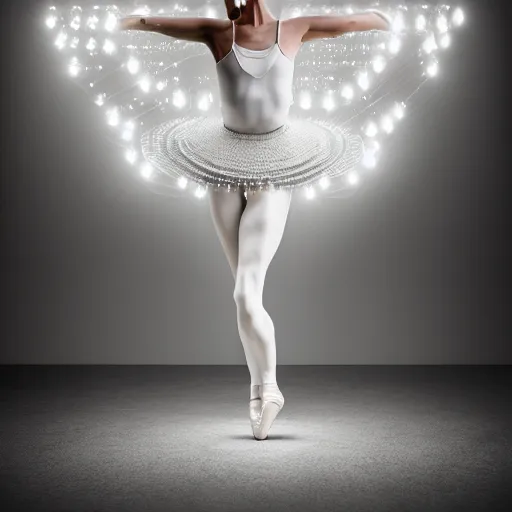 Image similar to beautiful centered fine art photo portrait of romantic beautiful girl as a solarpunk robotic humanoid, white mechanical parts with led lights, ballet style pose, photorealistic, white background, highly detailed and intricate, soft box lighting, hdr 8 k