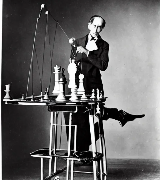 Image similar to marcel duchamp holding up a chess - piece wire - machine, a surrealist painting by marcel duchamp, complex artificial - intelligence machinery, flickr contest winner, studio portrait, 1 9 2 0 s