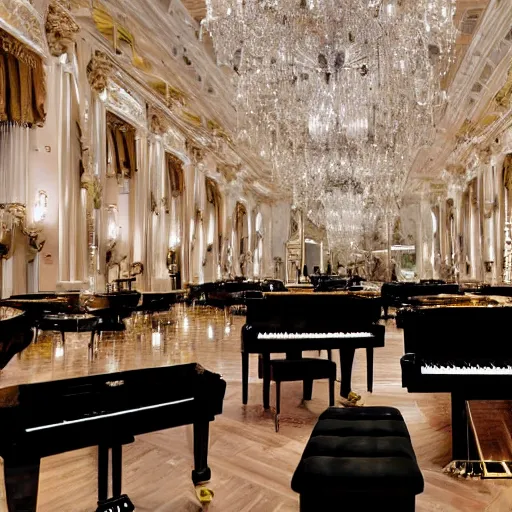 Prompt: A grand piano in a large room full of gold and silver instruments,