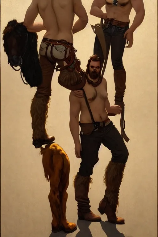 Prompt: a homoerotic painting by clyde aspevig, greg rutkowski, alphonse mucha, j. c. leyendecker, tom of finland of two attractive hairy cowboy gunslingers in love standing back to back | bandoliers, shirtless, leather clothing | natural lighting, path traced, highly detailed, high quality, trending on artstation