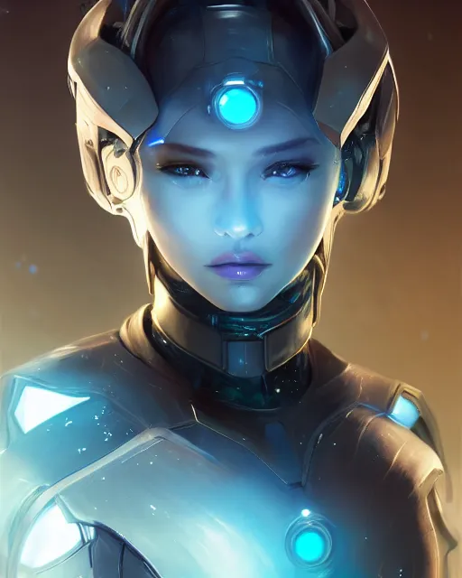 Image similar to perfect android girl on a mothership, warframe armor, beautiful face, scifi, futuristic, galaxy, nebula, raytracing, dreamy, long white hair, blue cyborg eyes, sharp focus, cinematic lighting, highly detailed, artstation, divine, by gauthier leblanc, kazuya takahashi, huifeng huang