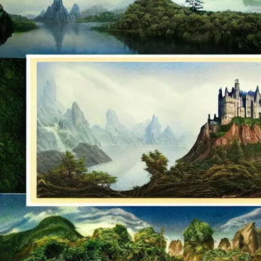 Image similar to 🏰🌄🏞️🌳🌲🌳🌲, George RR Martin, JRR Tolkien, Alan Lee, Frank Frazetta, Irish castle on an island in a lake