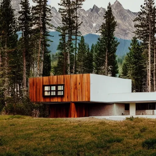 Image similar to wes anderson style modern futuristic house near the lake, snowy mountains and green forest, cinematic, realism, photo, detailed