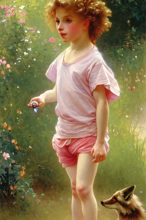 Image similar to a seven - year old with long curly dirty blonde hair, blue eyes, tan skin a pink tee shirt and shorts, playing with foxes, painting by daniel gerhartz, alphonse mucha, bouguereau, detailed art, artstation