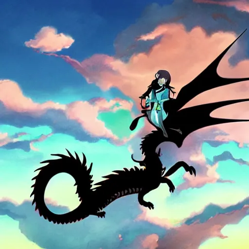 Image similar to an anime black cat riding a dragon over a vast fantasy landscape