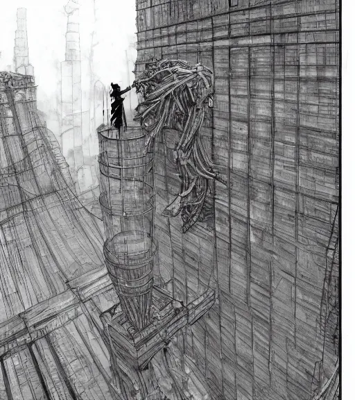 Image similar to tarkovsky scene, epic ancient tower of babylon below a woman in transparent cyber clothing, hyperrealistic, blame, manga style, by tsutomu nihei, cyber architecture, concept art, hyper - detailed, smooth, masterpiece, epic, cinematic, high quality